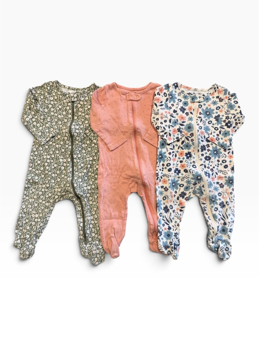 Set of 3 Carter's Baby Girl Footed Pajamas Size 9 Months Floral and Solid Colors